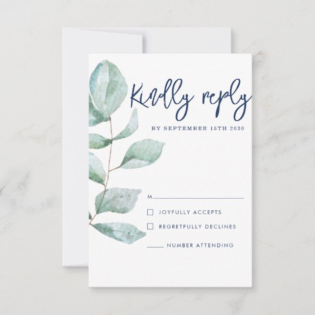 RSVP de Casamento Azul do Marinho Eucalyptus Moder (Frente)