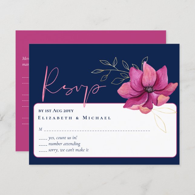 RSVP de Casamento Azul do Marinho Rosa Fuchsia (Frente/Verso)