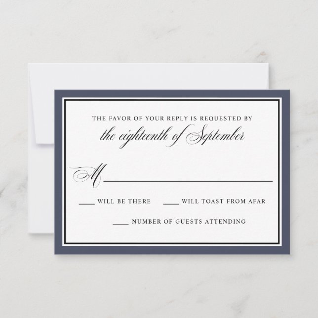 RSVP de Casamento Azul do Script de Caligrafia Ele (Frente)