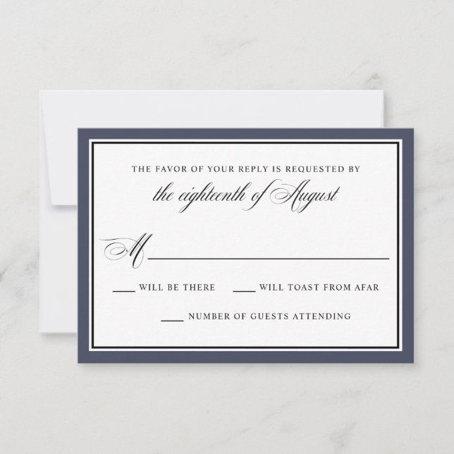 RSVP de Casamento Azul do Script de Caligrafia Ele (Frente)
