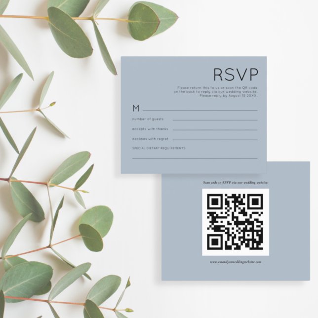 RSVP de Casamento Azul Dusty com Código QR Simples (Criador carregado)