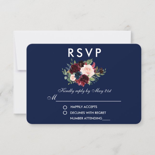 RSVP de Casamento Azul Floral Burgundy (Frente)