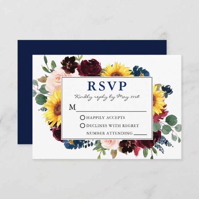 RSVP de Casamento Azul Floral de Aquarela Elegante (Frente/Verso)