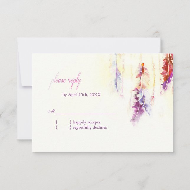 RSVP de Casamento Boho de Penas Celestiais (Frente)