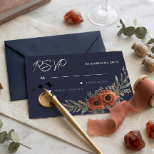 RSVP de casamento boho floral terracota azul-marin