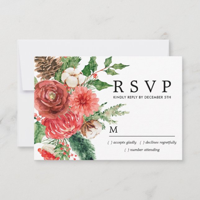 RSVP de Casamento Botânico de Inverno da Rosa verm (Frente)