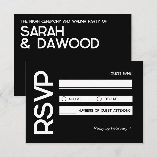 RSVP de Casamento Branca Negra Muçulmana Minimalis (Frente/Verso)