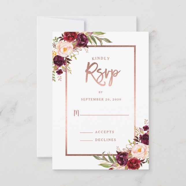 RSVP de Casamento Branco Dourado Rosa Floral da Bu (Frente)