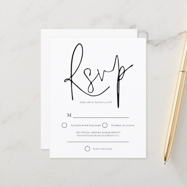 RSVP de Casamento Branco Preto Simples de Orçament (Frente/Verso In Situ)