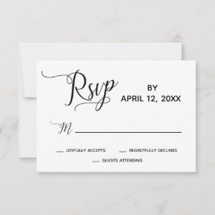 RSVP de Casamento Branco Preto Simples de Script E