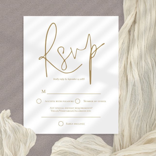 RSVP de Casamento Branco Simples e Dourado de Orça (Budget price RSVP part of a matching wedding suite)
