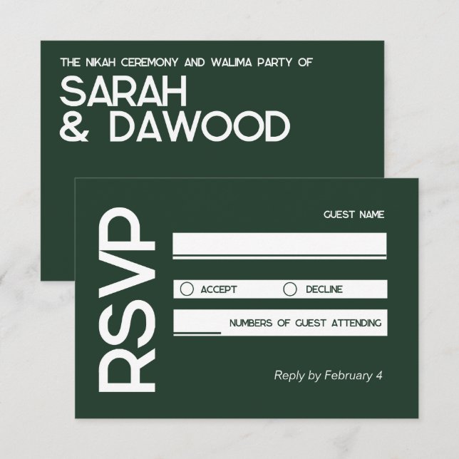 RSVP de Casamento Branco Verde Muçulmano Minimalis (Frente/Verso)