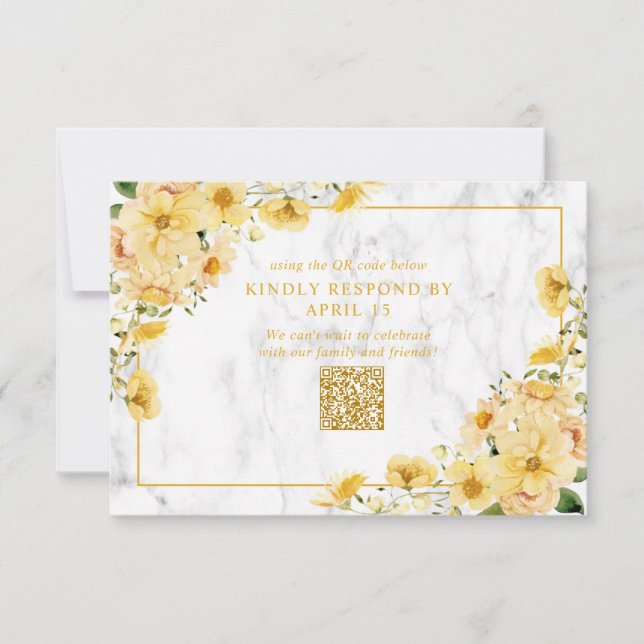 RSVP de casamento com código QR floral amarelo rús (Frente)