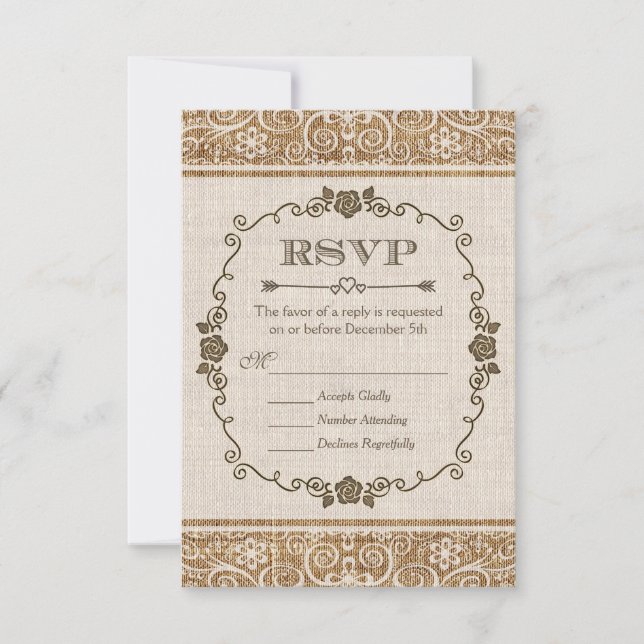 RSVP de Casamento com Renda e Burlap Rústico (Frente)