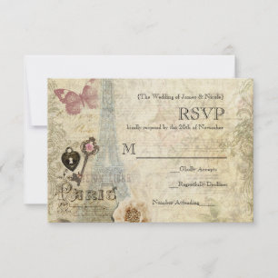 RSVP de casamento com rosas cor-de-rosa Vintage Pa