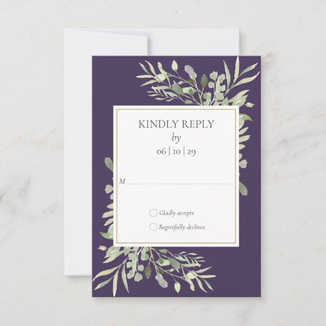 RSVP de Casamento com Vegetação em Aquarela Roxa (Frente)
