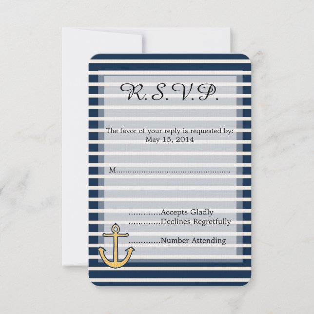 RSVP de Casamento de Âncora de Stripes Azul marinh (Frente)