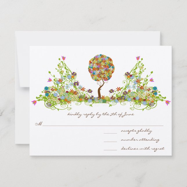 RSVP de Casamento de Árvore de Flor com Patchwoork (Frente)