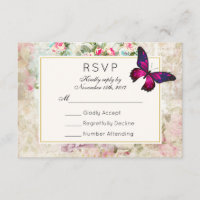 RSVP de Casamento de Borboleta Rosa e Rosas Vintag