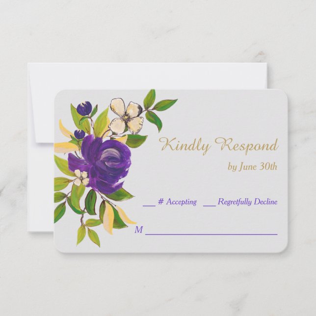 RSVP de Casamento de Buquê de Água Dourada Roxo (Frente)
