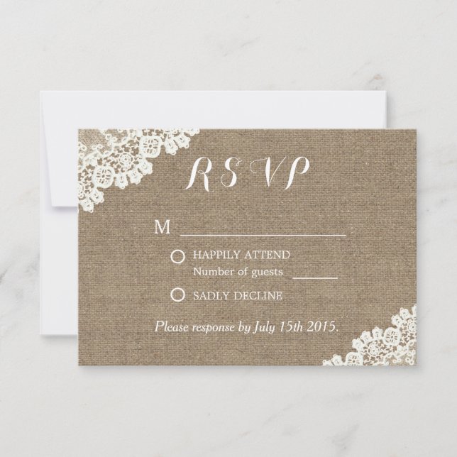 RSVP de Casamento de Burlap do Canto Lace Elegante (Frente)