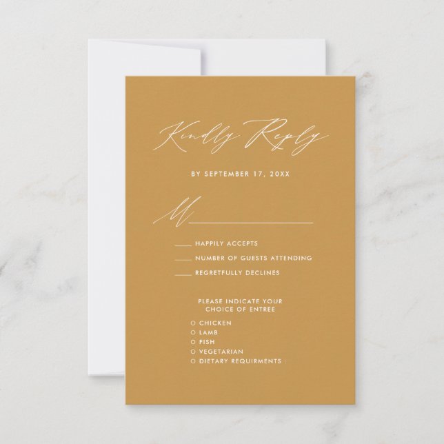 RSVP de Casamento de Chic Minimalista Beige Script (Frente)