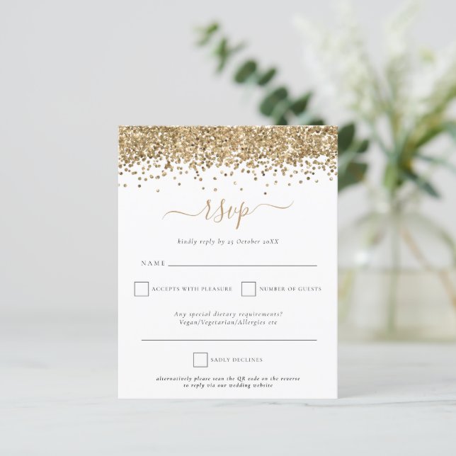 RSVP de Casamento de Código QR do Glitter Dourado  (Em pé/Frente)