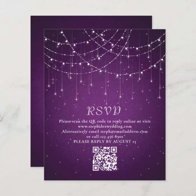 RSVP de Casamento de Código QR Luzes de String Pur (Frente/Verso)