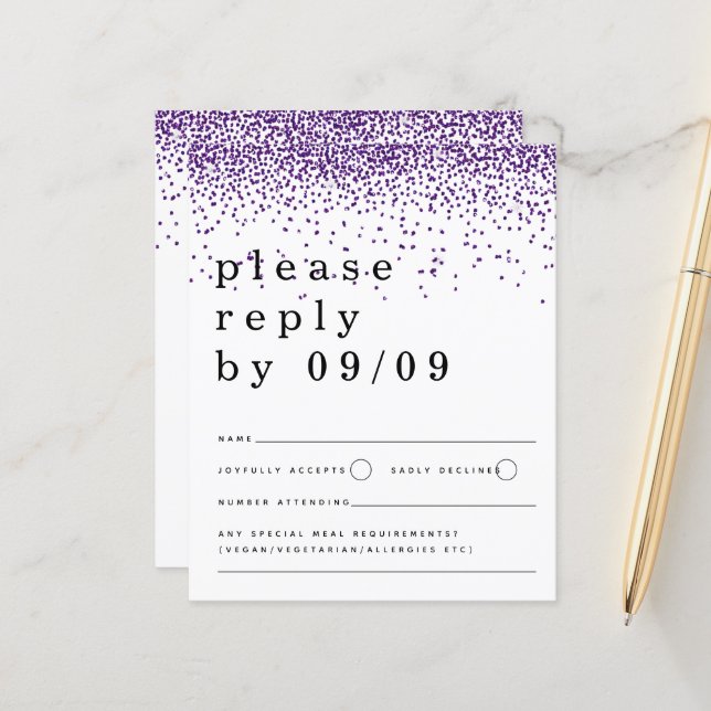 RSVP de Casamento de Confetti com Glitter Roxo de  (Frente/Verso In Situ)