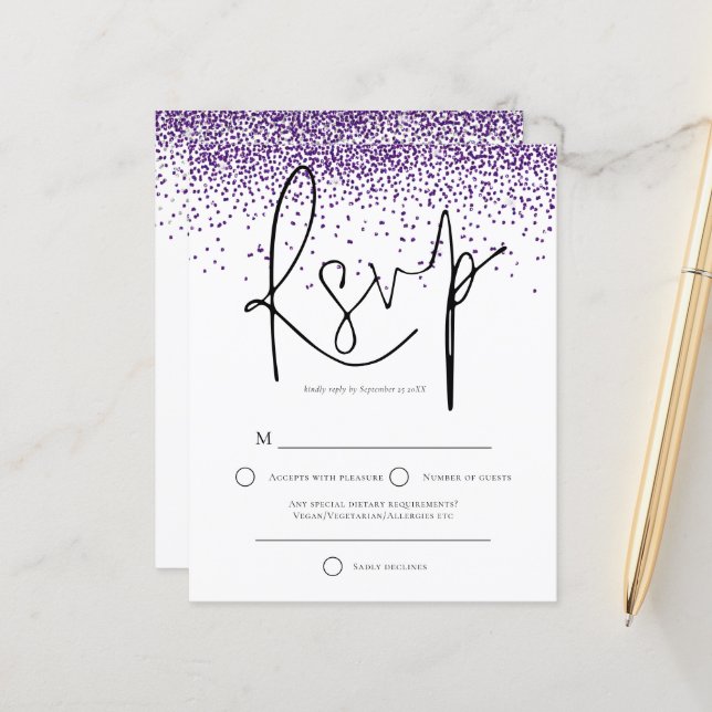 RSVP de Casamento de Confetti com Glitter Roxo de  (Frente/Verso In Situ)