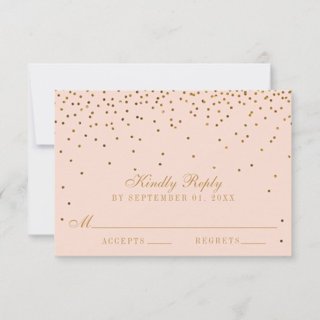 RSVP de Casamento de Confetti Rosa e Dourado Blush (Frente)