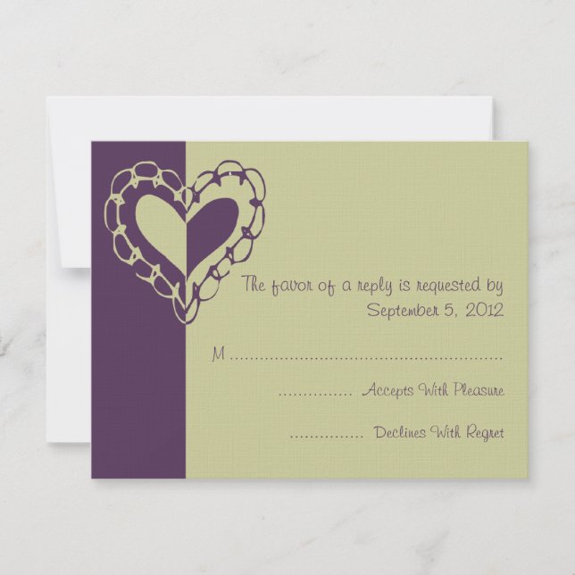 RSVP de Casamento de Coração Roxo e Verde (Frente)