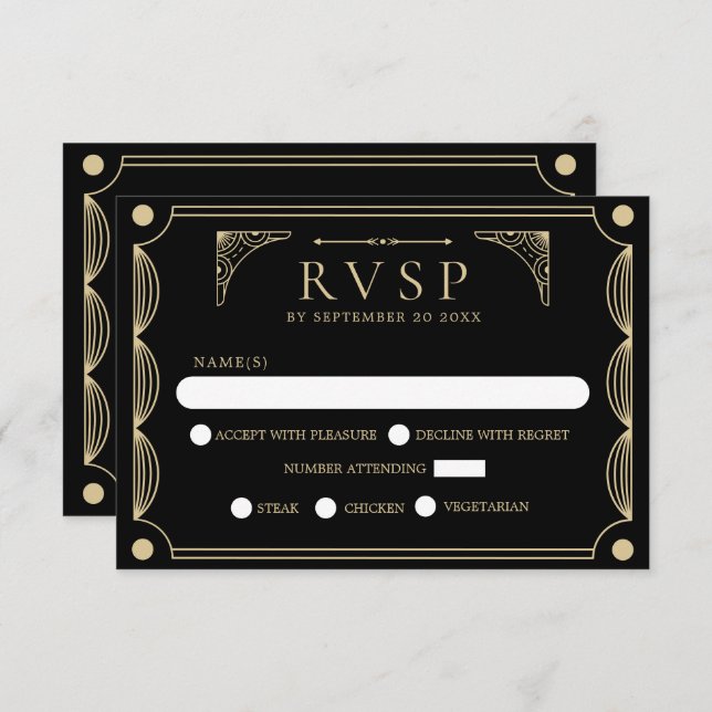 RSVP de Casamento de Deco de Arte Negra (Frente/Verso)