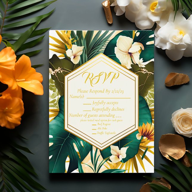 RSVP de Casamento de Destino Tropical de Trendy Fo (Elegant and Stylish Tropical Destination Wedding RSVP Enclosure Card)