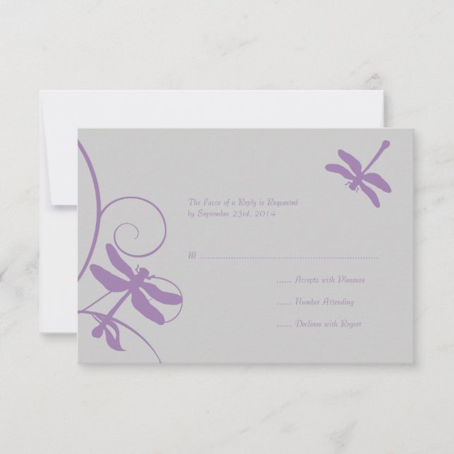 RSVP de Casamento de Dragonfly de Lavanda e prata (Frente)