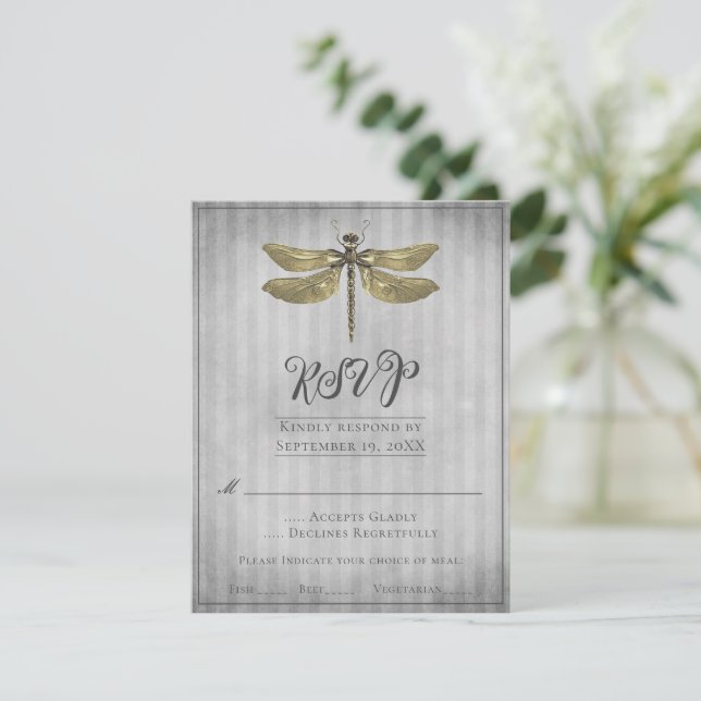 RSVP de Casamento de Dragonfly Dourada Jeweled (Em pé/Frente)