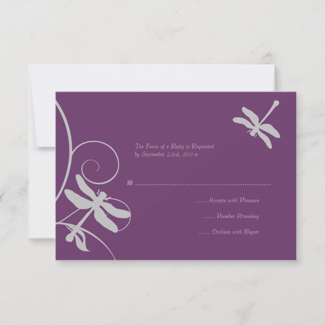 RSVP de Casamento de Dragonfly Roxo e Prata (Frente)