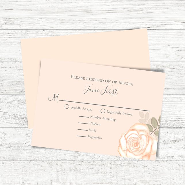 RSVP de Casamento de Escolha de Refeições Florais  (Peach floral wedding RSVP response card with elegant watercolor rose.)
