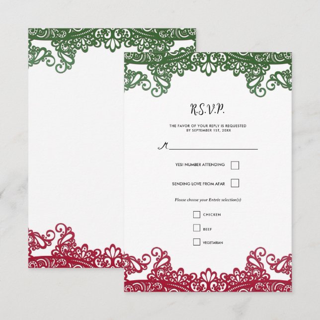 RSVP de Casamento de Fiesta Elegante de Lace Verde (Frente/Verso)