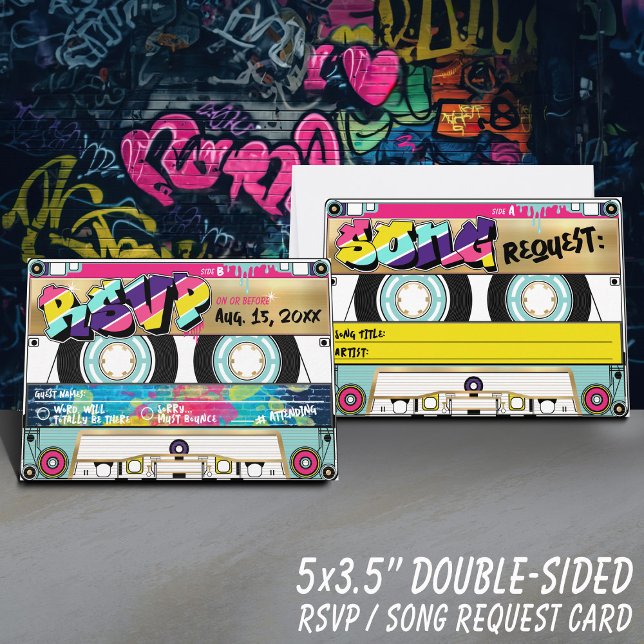 RSVP de Casamento de Fita Dourada de Hip Hop do Re (Fun retro colorful graffiti 80's theme gold record label wedding invitation rsvp cassette tape card)