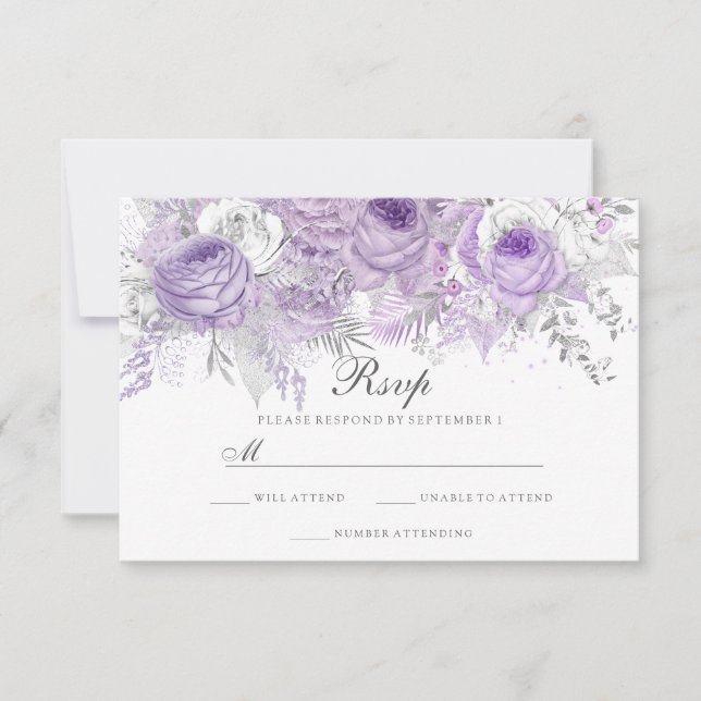 RSVP de Casamento de Flor de Prata Branca lavanda (Frente)