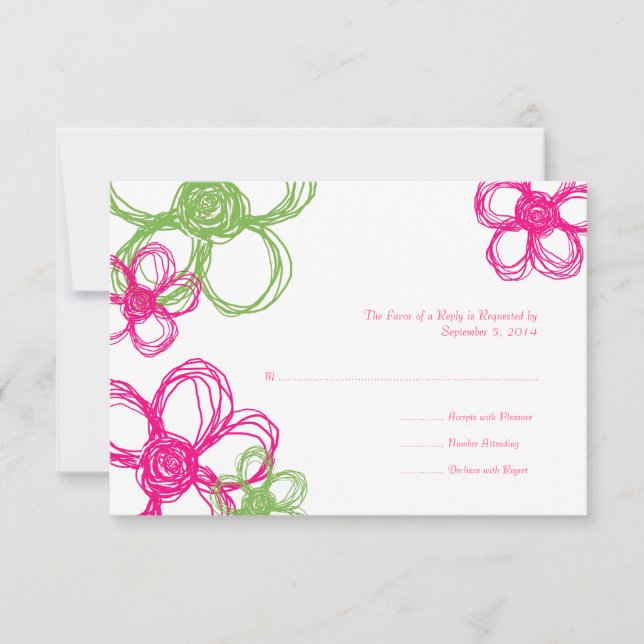RSVP de Casamento de Flores Selvagens Rosa e Verde (Frente)