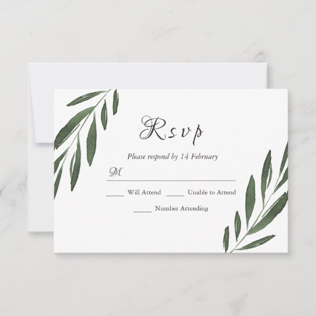 RSVP de Casamento de Folha Verde Elegante Moderno (Frente)