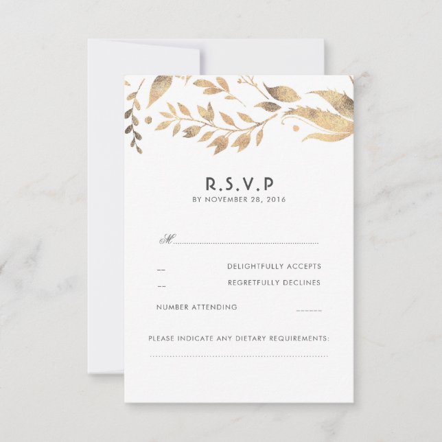 RSVP de Casamento de Folhas Brancas e Douradas (Frente)