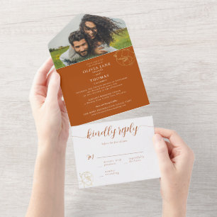 RSVP de Casamento de Foto Floral Dourada Vermelha 