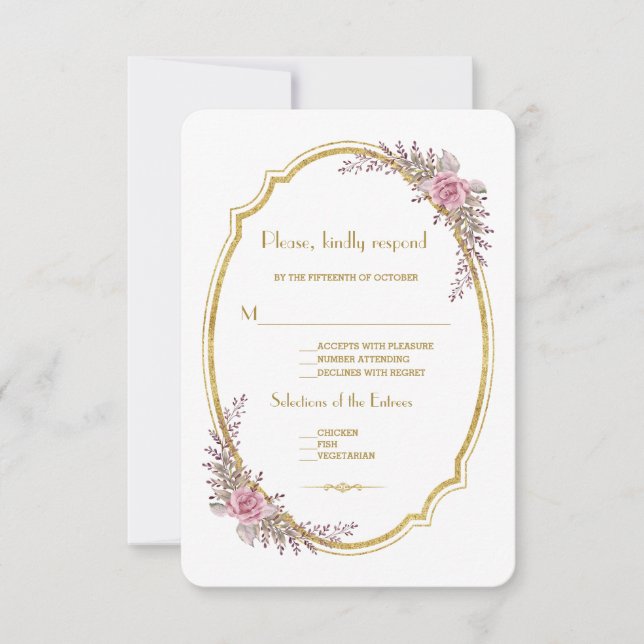 RSVP de Casamento de Frame Dourado Floral do Blush (Frente)