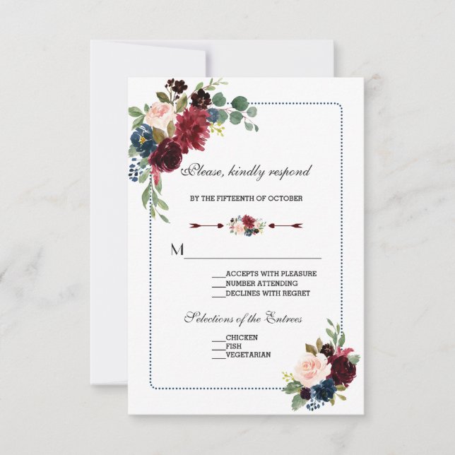 RSVP de Casamento de Frame Floral Azul do Marinho  (Frente)