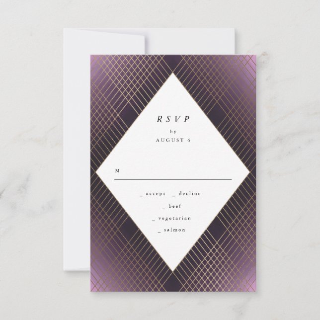RSVP de Casamento de Gatsby Dourado Rúrpura Geomét (Frente)