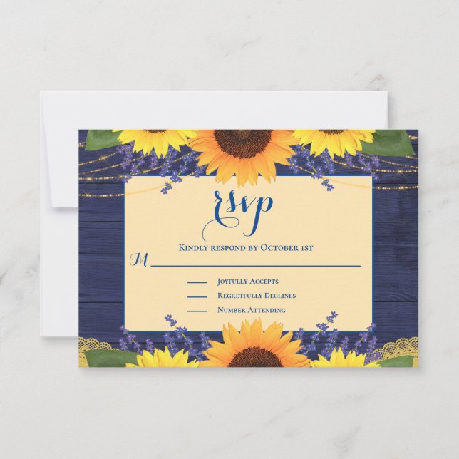 RSVP de Casamento de Girassol de Azul-Dourado Rúst (Frente)