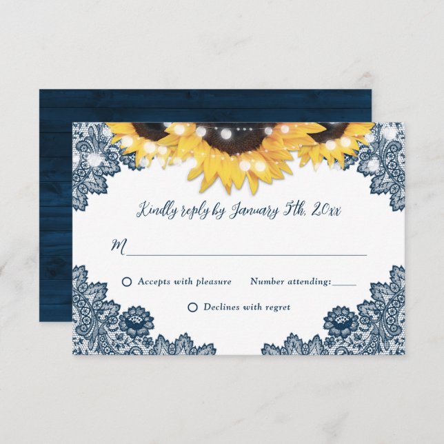 RSVP de Casamento de Girassol Rústico Azul Lace de (Frente/Verso)